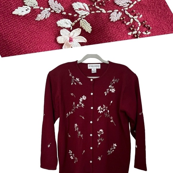 Victoria Harbour Vtg Cardigan Burgundy Beaded Cottagecore Granny Embroidery Sz M - Picture 1 of 12